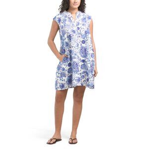 FRANCESCA BETTI Italy Linen Blend Cap Sleeve Floral Mini Dress